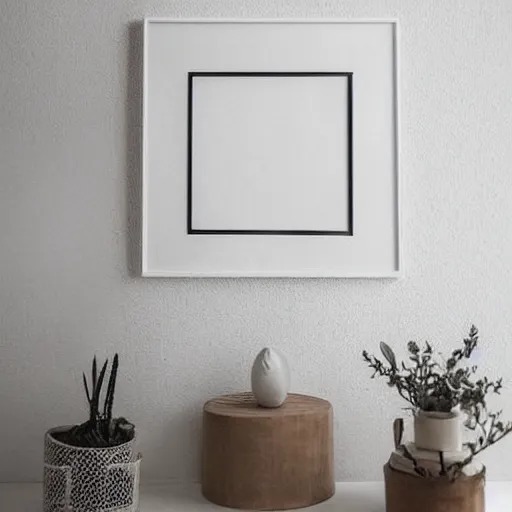 Image similar to a minimalist mockup photo with one large frame, in a white clear boho style floor, white and beige predominant colors, high brightness levels, low contrast, trending on etsy