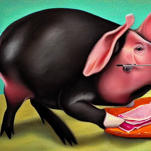 Image similar to a pig eating a rasher of bacon. detailed, realistic, digital painting,