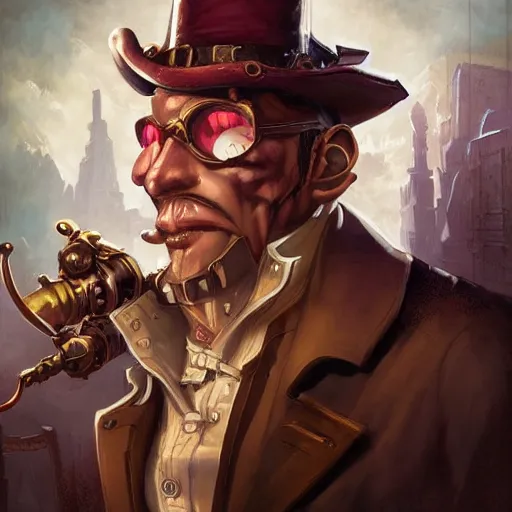 Prompt: Portrait of a steampunk detective in World of Warcraft, cover art, ultra wide lens shot, pretty, beautiful, DnD character art portrait, matte fantasy painting, DeviantArt Artstation, by Jason Felix by Steve Argyle by Tyler Jacobson by Peter Mohrbacher, cinematic lighting