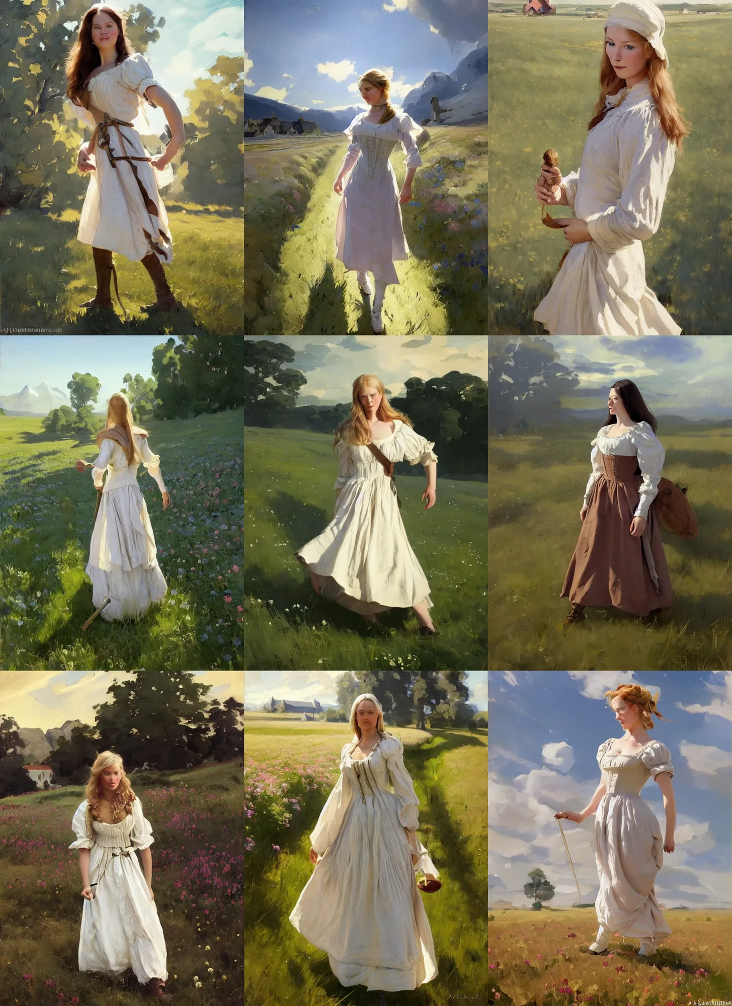 Prompt: finnish norway scandinavian attractive village instagram model wearing 1 7 th century bodice walking in the field in a sunny day, jodhpurs greg manchess painting by sargent and leyendecker, studio ghibli, fantasy, medium shot, asymmetrical, intricate, elegant, matte painting, illustration, hearthstone, by greg rutkowski, by greg tocchini, by james gilleard