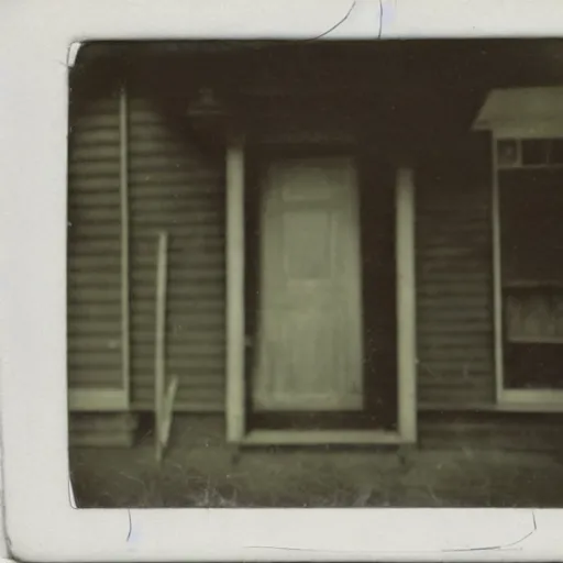 Image similar to A 1900's polaroid photograph of a house with a scary stick monster in the front door with bright white eyes, creepypasta, liminal