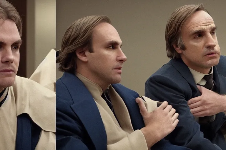 Image similar to anakin skywalker talking to saul goodman in court, us court, 1 0 8 0 p, court session images, realistic faces, better call saul