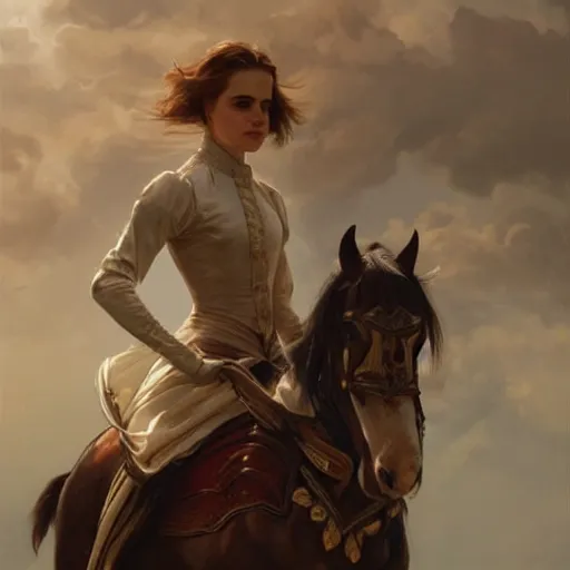 Image similar to ultra realistic illustration, emma watson on a horse, intricate, elegant, highly detailed, digital painting, artstation, concept art, smooth, sharp focus, illustration, art by artgerm and greg rutkowski and alphonse mucha