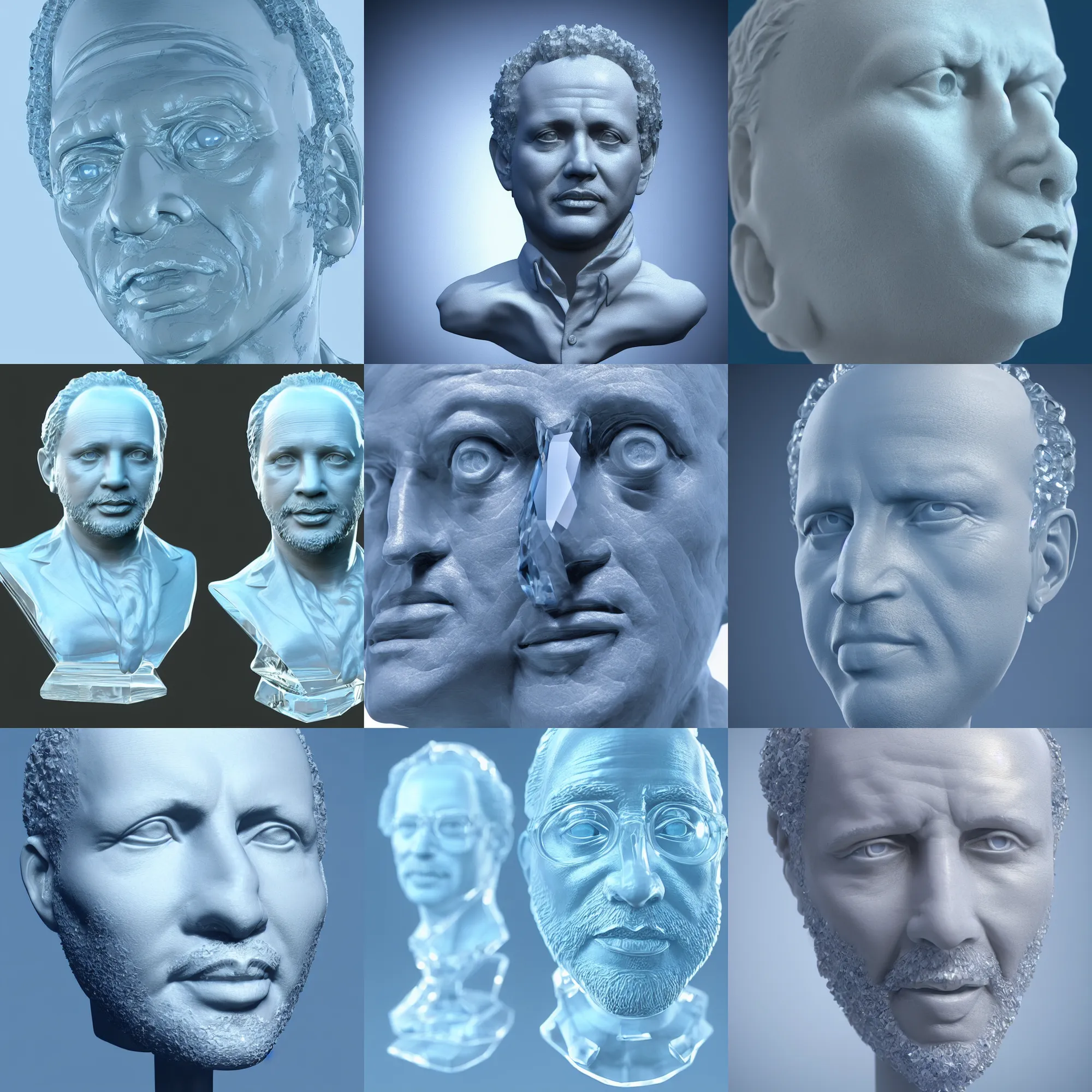 Prompt: bust sculpture made of transparent crystal made of billy crystal, beautiful light blue lighting, refraction, high detail photo, close up, cgstation, ray tracing