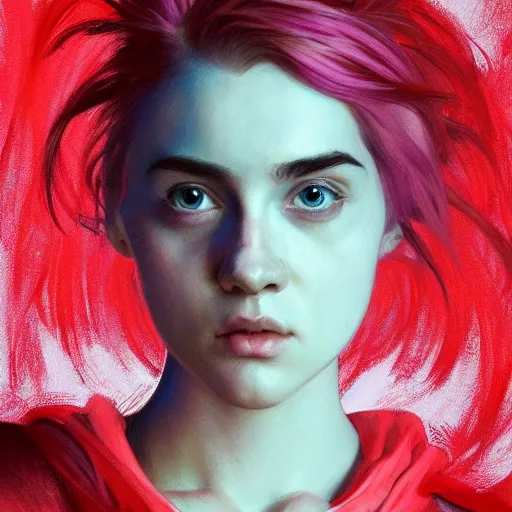 Prompt: clear portrait of billie elish, cottagecore!!, creative abstract background, red volumetric light, hyper detailed, character concept, full body, dynamic pose, elegant, intricate, highly detailed, digital painting, artstation, concept art, smooth, sharp focus, illustration, art by artgerm and greg rutkowski and alphonse mucha