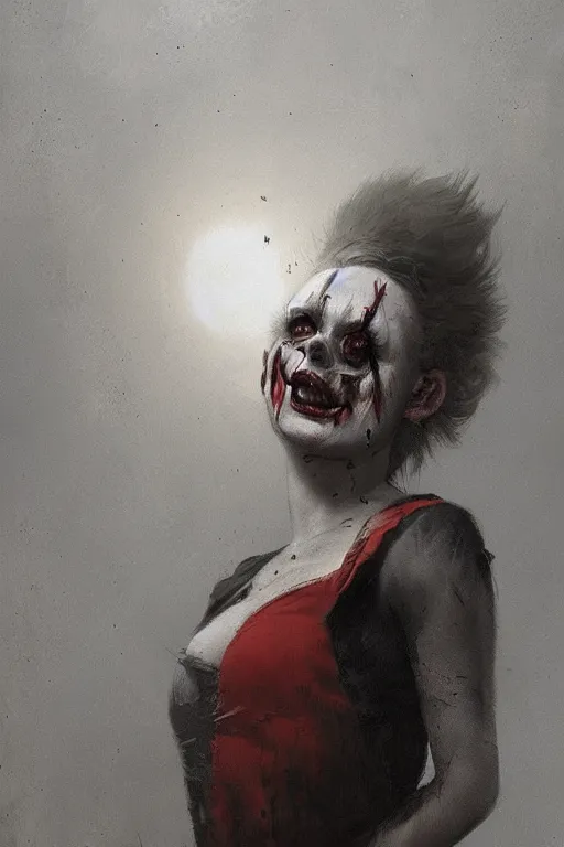 Image similar to The killer female clown, horror, illustrated by Greg Rutkowski and Caspar David Friedrich., Trending on artstation, artstationHD, artstationHQ, 4k, 8k