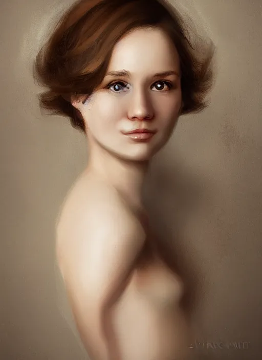 Prompt: a portrait of a cute, playful young woman, head and shoulders, stylized by jana schirmer