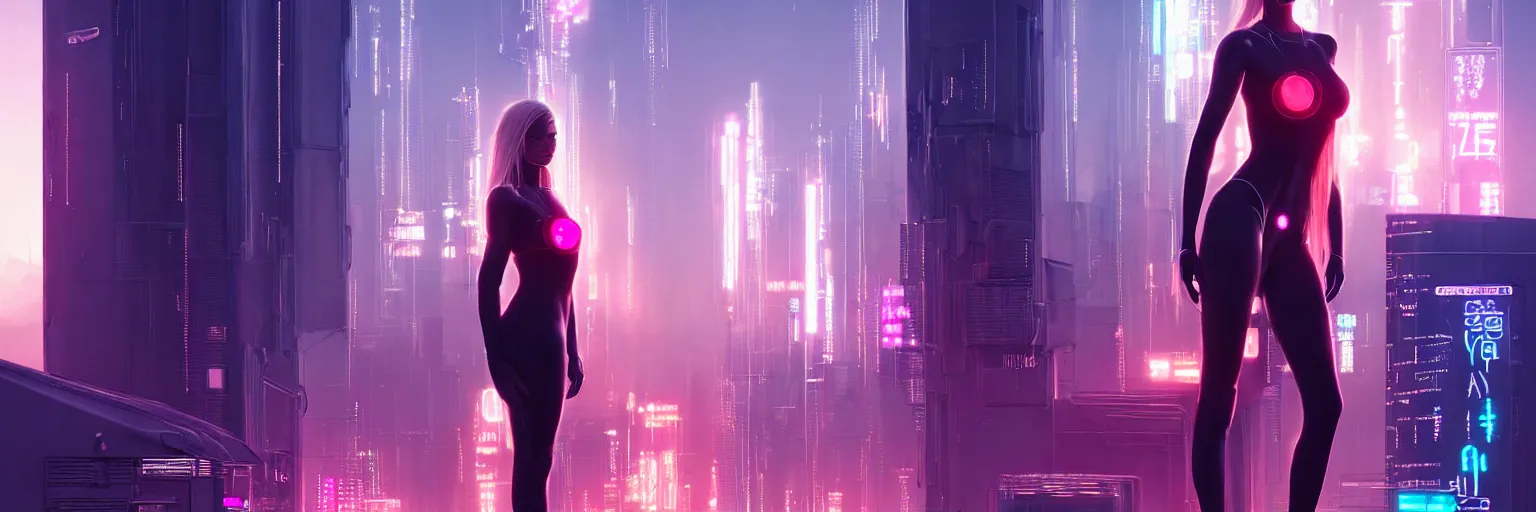 Prompt: portrait of a single scandinavian female humanoid in a cyberpunk cityscape, half body cropping, elegant glamor pose, accurate anatomy, cyber neon lighting, bokeh, rule of thirds, hyper photorealistic, crispy quality, digital photography, art by pascal blanche, art by artgerm, art by greg rutkowski,