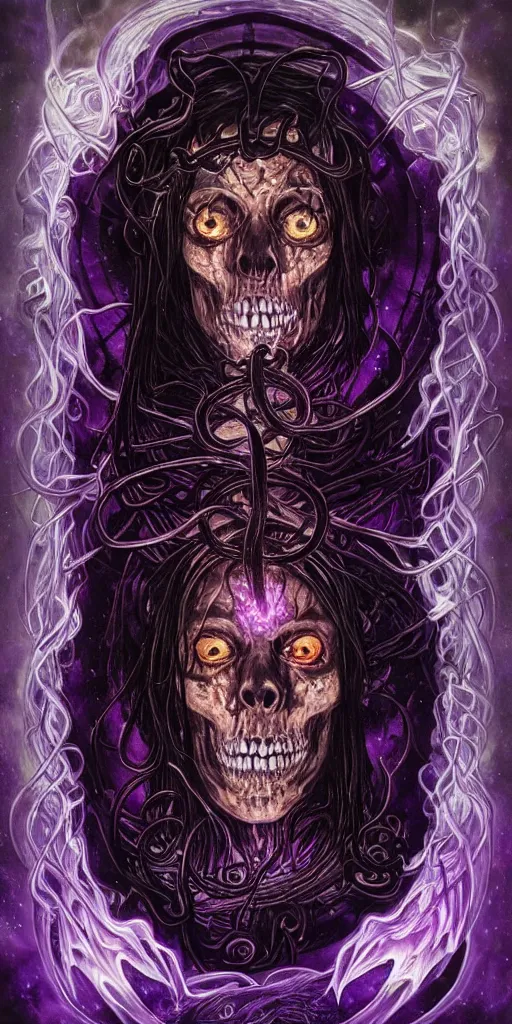 Prompt: intense glowing angry black metal pagan god with horns and tentacles and intense glowing eyes and a skull in very dark cosmic space by karol bak and artgerm and alphonse mucha, portrait, fantasy, clear, light beams, lens flare, intense, uhd, amazing depth, cinematic lighting, purple and violet and indigo and blue