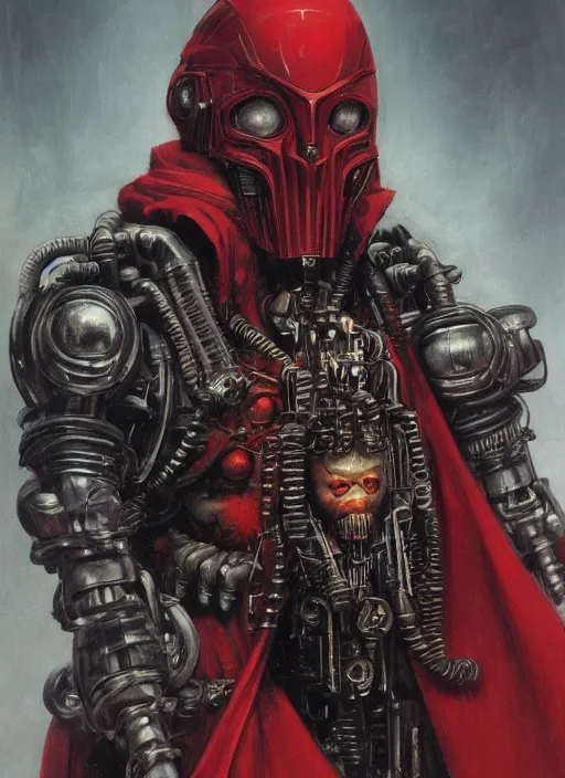 Image similar to portrait of human head adeptus mechanicus in red hood and robe from Warhammer 40000. Highly detailed, artstation, illustration by and John Blanche and zdislav beksinski and wayne barlowe