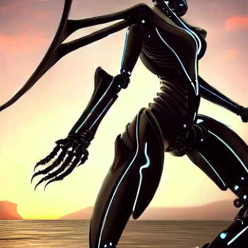 Image similar to looking up at a highly detailed 300 foot tall giant exquisite beautiful female warframe, as an anthropomorphic robot dragon, posing elegantly over your tiny form, detailed legs looming over you, camera on the ground, at the beach on a sunset, sleek streamlined design, streamlined matte black armor, sharp detailed claws, detailed sharp robot dragon feet, worms eye view, giantess shot, upward shot, ground view shot, leg shot, front shot, cinematic shot, high quality warframe fanart, captura, realistic, professional digital art, high end digital art, furry art, giantess art, anthro art, DeviantArt, artstation, Furaffinity, 8k HD render, epic lighting