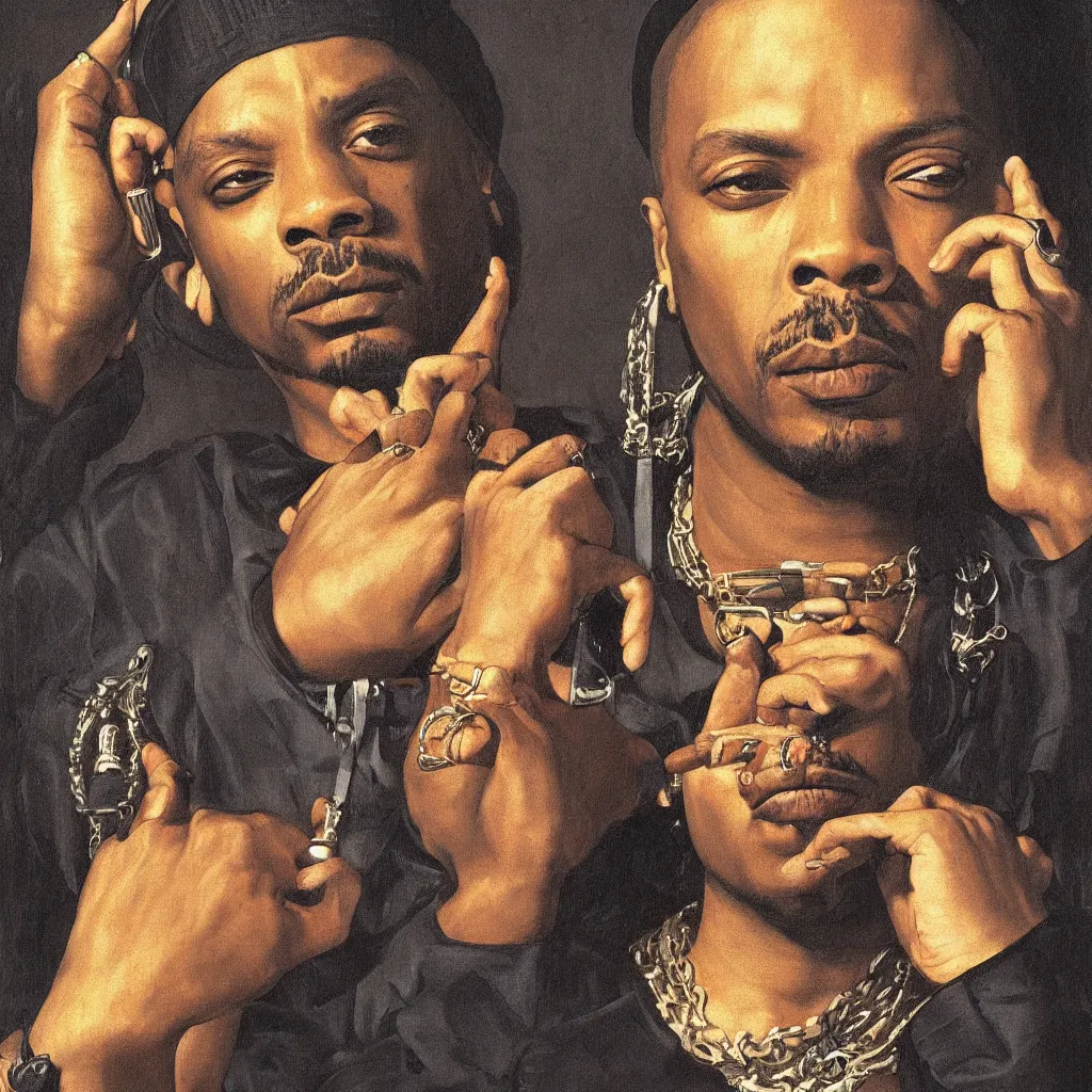 Prompt: painting portrait illustration nas, dr dre, snoop dogg, hip hop culture, dope simbol, street, alchemy simbol archetype, crown, empire, power, 2 d art detail hd perfectly centered, clean background by rubens by zurbaran by nas caravaggio by miyazaki, dramatic light, cinematic