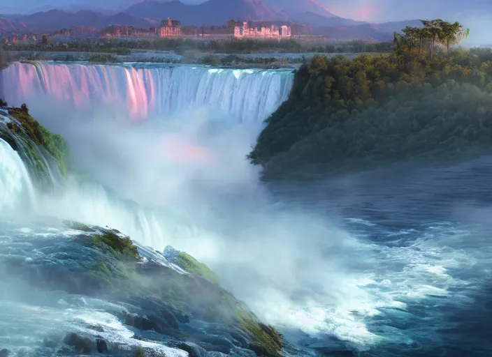 Prompt: cascade of multiple gigantic niagara falls, epic mountains in the background, sunrise, fantasy illustration, matte painting, concept art, low angle shot, volumetric lighting, volumetric atmosphere, morning mist, art by james gurney, unreal engine 5, 8 k