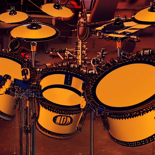 Image similar to photo of huge robotic drumset on a concert tage, the drumset is futuristic steampunk style with gears and tubes, 8 k, fluorescent colors, halluzinogenic, multicolored, exaggerated detailed, unreal engine - w 7 6 8