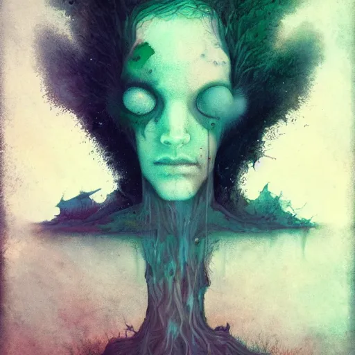 Image similar to sad man, half of face is gone, moss is growing out, despair, thoughts escaping mind, by Anato Finnstark, Tom Bagshaw, Brom