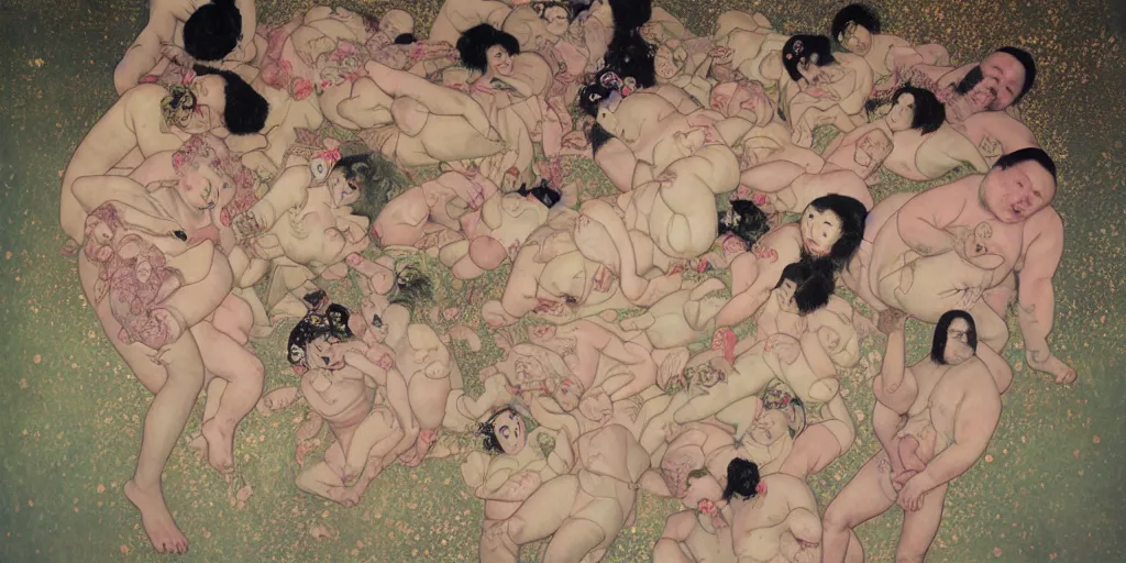 Image similar to flying fat hairy human bodies intertwined in an uneven fog in the style of nobuyoshi araki and klimt