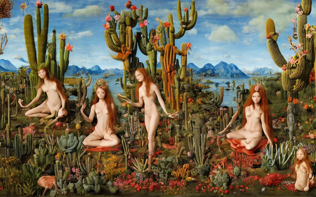 Prompt: a portrait photograph of a meditating mermaid shaman and a centaur prince feeding tropical animals at a wide river delta. surrounded by bulbous flowers, animals, trees and cacti. mountain range under a vast blue sky of burning stars. painted by jan van eyck, max ernst, ernst haeckel and artgerm, cgsociety, artstation, fashion editorial