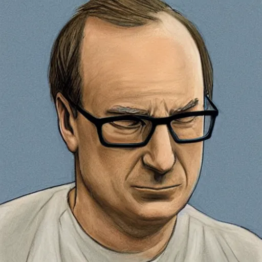 Prompt: court sketch of bob odenkirk, stressed out, sweating, with short mustache and glasses in orange prison jumpsuit