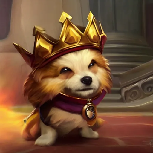 Image similar to a proud corki reigns as king, hyperrealistic