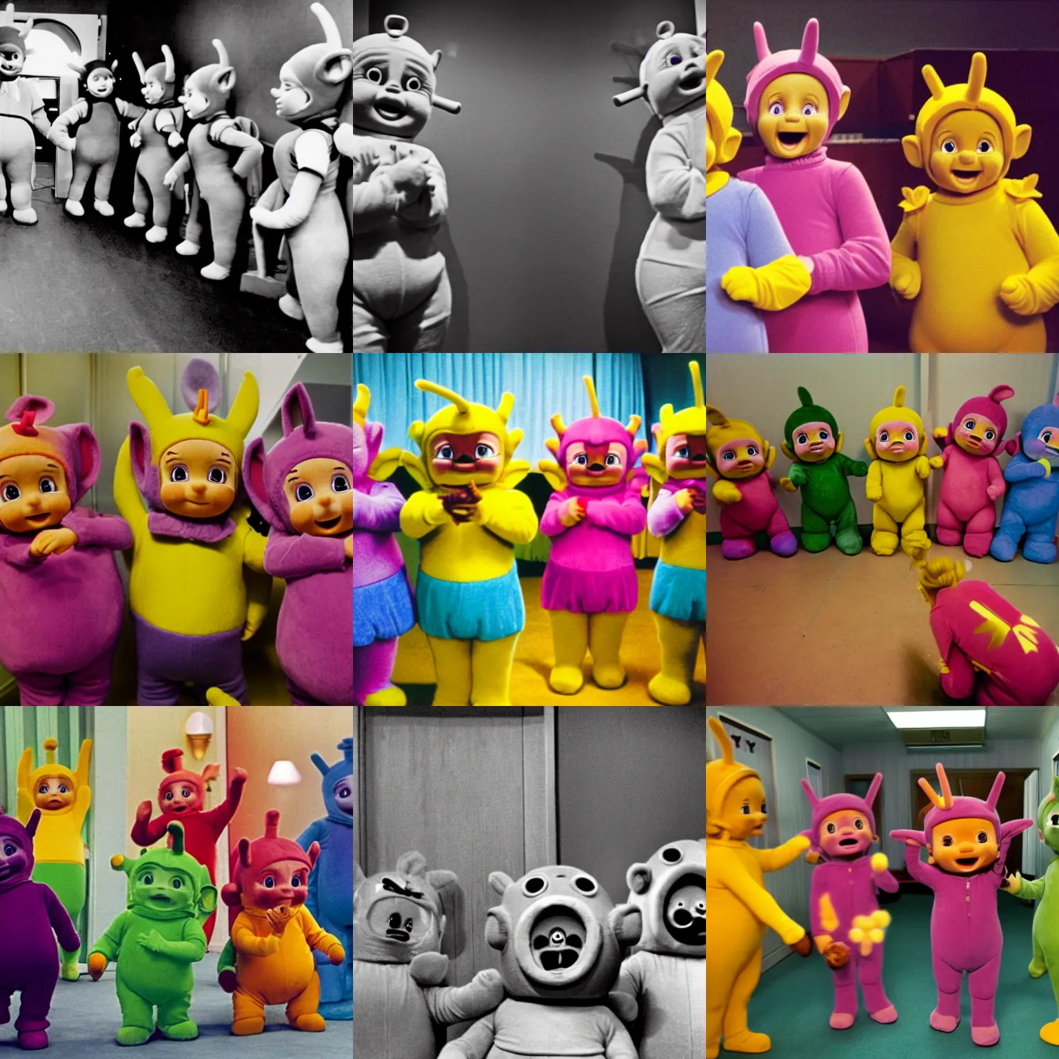 Prompt: serious teletubbies in the backrooms