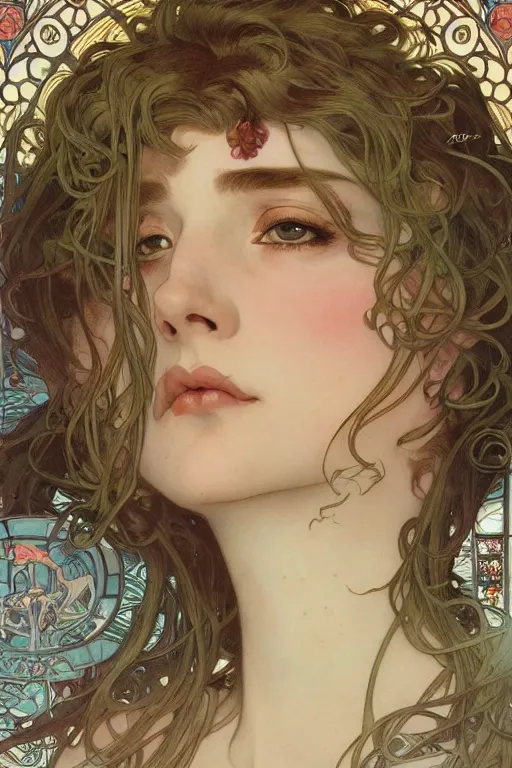 Prompt: realistic detailed face profile portrait of Mia Kirschner by Alphonse Mucha, Ayami Kojima, Amano, Charlie Bowater, Karol Bak, Greg Hildebrandt, Jean Delville, and Mark Brooks, Art Nouveau, Neo-Gothic, gothic, Mia Kischner, rich deep moody colors