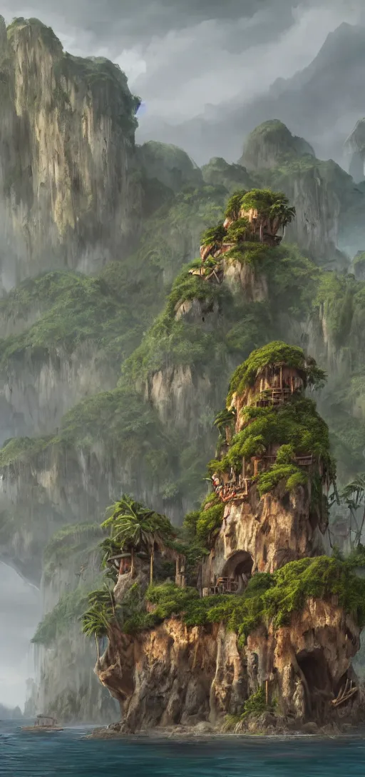 Image similar to wooden fortress on a tropical island with ruff shore cliffs, skull Island, kingkong,landscape, raphael lacoste, eddie mendoza, alex ross, john howe, concept art, matte painting, highly detailed, rule of thirds, dynamic lighting, cinematic, detailed, denoised, centerd, clean render