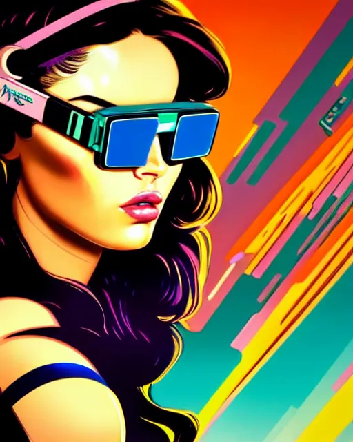 Prompt: closeup beautiful retro future megan fox wearing augmented reality goggles, glamour pose, jetsons, windblown dark hair, seductive, hyper detailed, digital art, studio lighting, smooth, ambient volumetric lighting, sharp focus, dan mumford, alphonse mucha, patrick nagle, 1 9 8 6, gta v, synthwave