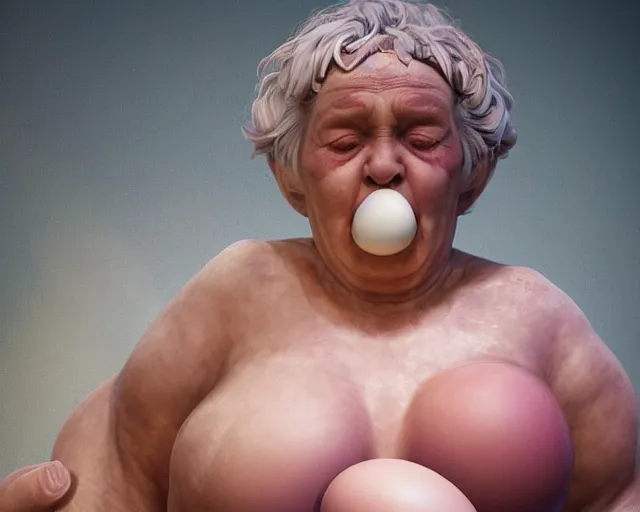 Image similar to of a very beautiful scene. ambient occlusion render. a sweet fat old woman is giving birth a beautiful colorful huge egg. hyper realistic. 4 k. wide angle. wild. symmetrical face, red mouth, blue eyes. deep focus, lovely scene. ambient occlusion render. concept art. unreal engine.