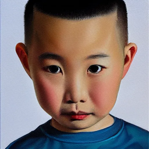 Image similar to dramatic oil painting portrait of chinese boy buzz cut