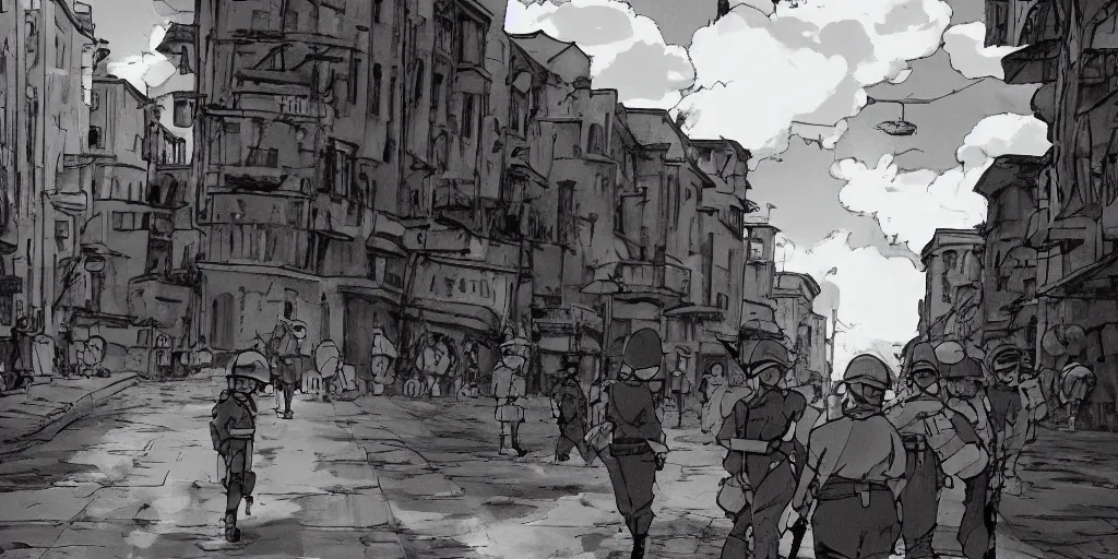 Image similar to wholesome animation studio Ghibli of a young soldier walking near some nazists and tanks in the city of Genova. Sharp bloom dramatic lightning