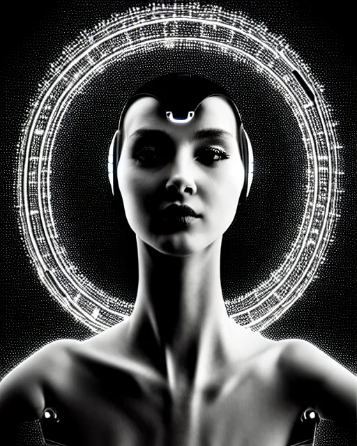 Image similar to black and white dreamy spiritual connected young female robot - cyborg high quality photo, microchip, artificial intelligence, bio - mechanical bio - luminescence, black wired cables, neurons, nerve cells, cinematic, rim light, photo - realistic, elegant, high detail, 8 k, masterpiece, high fashion