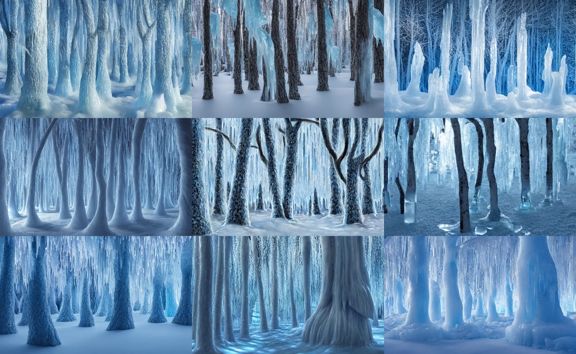 Prompt: beautiful melting ice sculpture tree forest, trees made out of ice, cold light illuminate the ice trees, artwork by gerald brom, 4 k, masterpiece