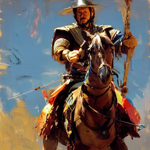 Prompt: portrait of mel gibson as rider with couched jousting lance, colorful caparisons, chainmail, detailed by greg manchess, craig mullins, bernie fuchs, walter everett