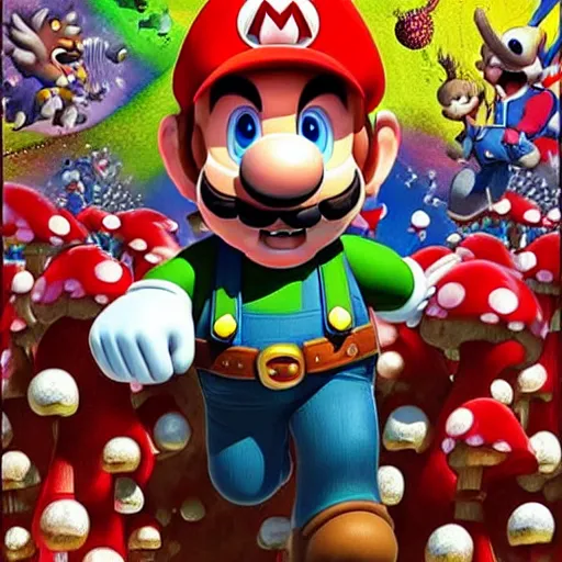Prompt: a realistic portrait chris pratt as super mario running in a field of mushrooms by android jones
