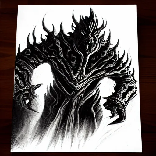 Prompt: grayscale drawing by Anato Finnstark of diablo lord of terror in 3/4 view, swirling flames