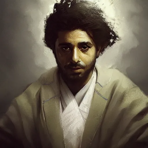 Image similar to a portrait of a Kurdish Albert Einstein in Kurdish clothes by Greg Rutkowski, digital art, horror, chiaroscuro, trending on artstation, anime arts, featured on Pixiv, HD, 8K, highly detailed, good lighting, beautiful, epic, masterpiece