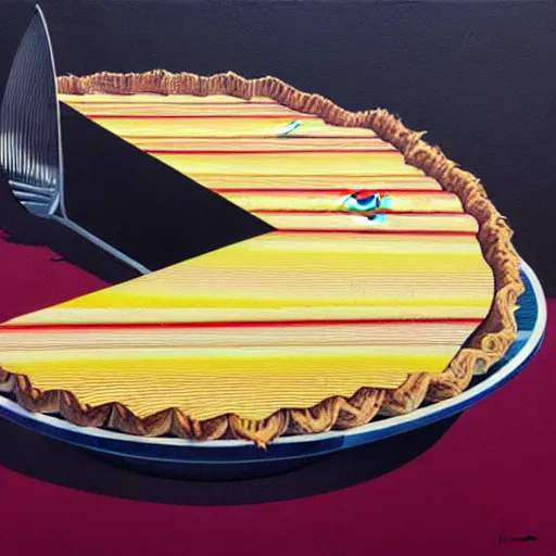 Image similar to slice of apple pie, vertical pinstripes, ryoji ikeda, covered in splashes of paint, vincent di fate, sandra chevrier, a thick slice of apple pie, chesley bonestell, vincent di fate