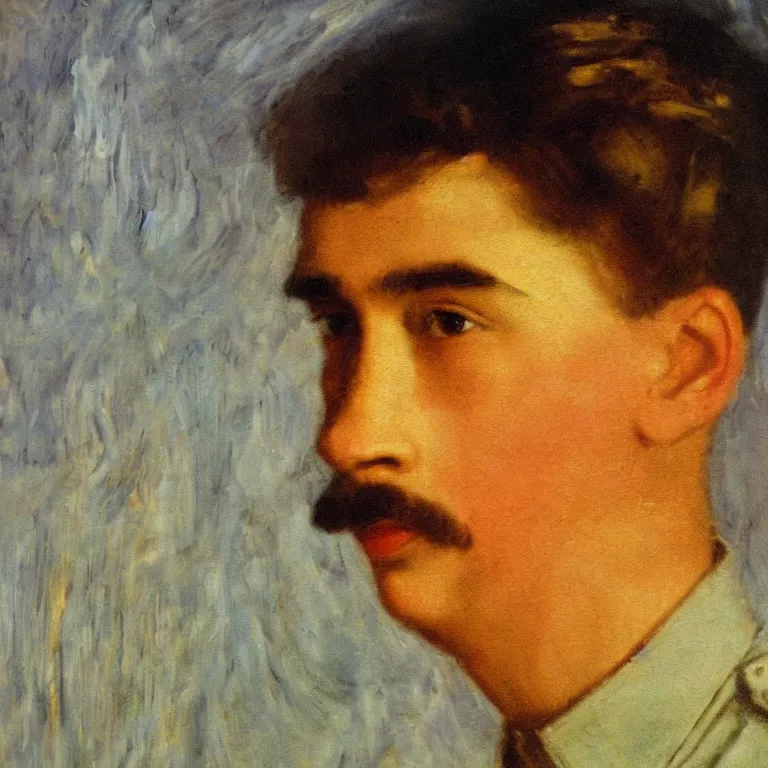 Prompt: Beautiful warmly lit close up studio portrait of young teenage Josef Stalin sweetly smiling cute, impasto oil painting heavy brushstrokes by Cy Twombly and Anselm Kiefer , trending on artstation dramatic lighting abstract Expressionism