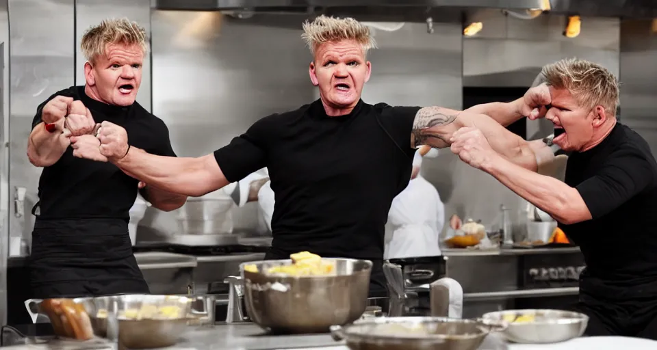 Image similar to photo of angry furious Gordon Ramsay punching Gordon Ramsay at the kitchen