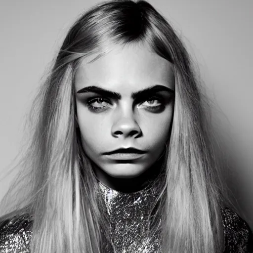 Prompt: photo of a gorgeous 20-year-old Cara Delevingne 1970s hairstyle by Mario Testino, detailed, head shot, award winning, Sony a7R -