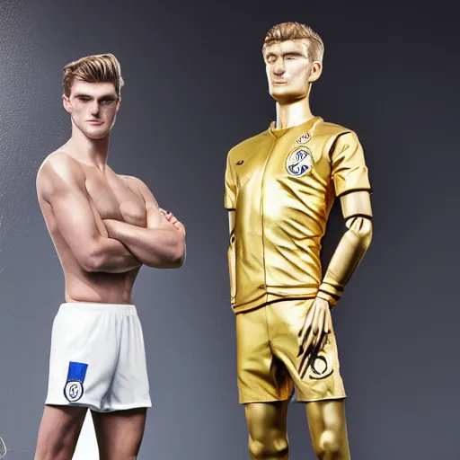 Image similar to a realistic detailed photo of a guy who is an attractive humanoid who is half robot and half humanoid, who is a male android, soccer players martin ødegaard & timo werner, shiny skin, posing like a statue, blank stare, in a factory, on display, showing off his muscles, gold soccer shorts, side view, looking at each other mindlessly