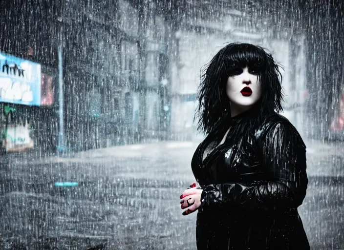 Prompt: closeup portrait of emo vampire goth beth ditto standing in the rain in a dark cyberpunk city, heavy make - up running down face, neon reflections in the puddles, portra 4 0 0 candid photograph portrait by annie leibovitz, 3 5 mm macro shot, f / 3 2, hyperrealistic, cinematic lighting, hd wallpaper, 8 k, 4 k