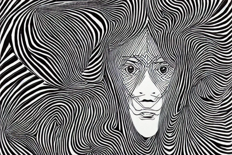 Prompt: OP art of a woman\'s face by M.C. Escher, inspired by Jojo\'s Bizarre Adventure, big bold patterns, moire