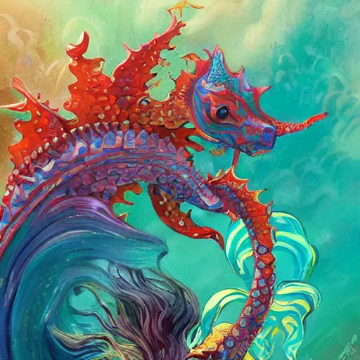 Image similar to merfolk riding seahorses, trending on artstation, colorful, intricate, art by aurore folny and senjon 津