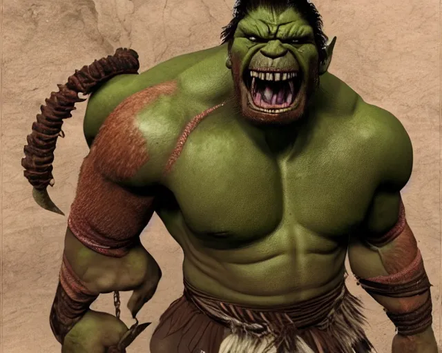 Prompt: hyper realistic group vintage photograph of a warrior orc tribe, tall, muscular, hulk like physique, sharp fangs and tusks, big arms, big hands, big feet, armored, tribal paint, highly detailed, 3 d render, unreal engine, octane render, cgi, vfx
