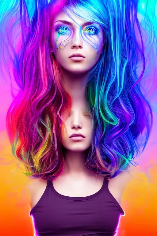 Image similar to a award winning half body portrait of a beautiful woman with stunning eyes in a croptop and cargo pants with rainbow colored ombre hairstyle head in motion and hair flying by thomas danthony, surrounded by whirling illuminated liquids and lines, outrun, vaporware, shaded flat illustration, digital art, trending on artstation, highly detailed, fine detail, intricate