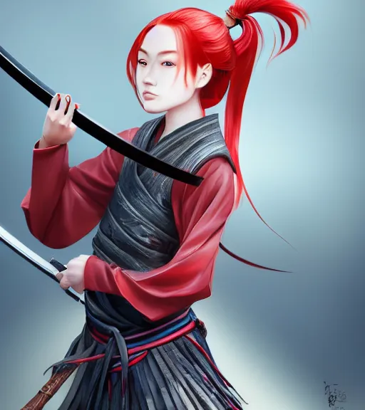 Prompt: a girl with red hair holding a katana, samurai outfit, japanese clothes, ponytail, action shot, highly detailed, digital painting, artstation, concept art, smooth, sharp focus, illustration