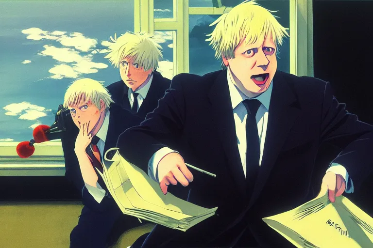 Image similar to anime key visual of boris johnson addressing the covid epidemic to a room of reporters, style of jamie wyeth james gilleard edward hopper greg rutkowski acrylic painting, preserved museum piece, historical