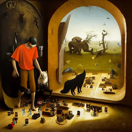 Image similar to young man in orange t - shirt hides his face behind box of guinness beer, two wolves on either of his sides by hieronymus bosch, greg rutkowski, anna podedworna