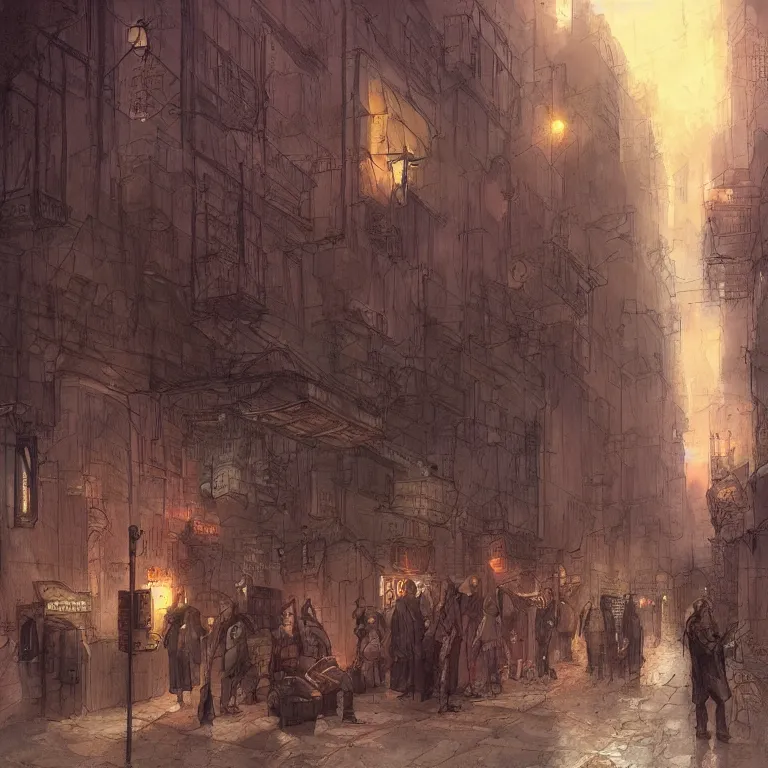 Image similar to some people waiting in a lone bus stop in qiet dark city, by marc simonetti